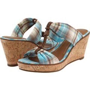 Sperry Topsider Shoreham Plaid T Strap Cork Wedge Sandals Sz 7.5